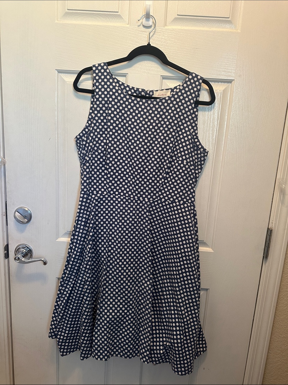 Sleeveless Navy Cotton Polka Dot Fit-and-Flare Dress Fully Lined in Cotton
